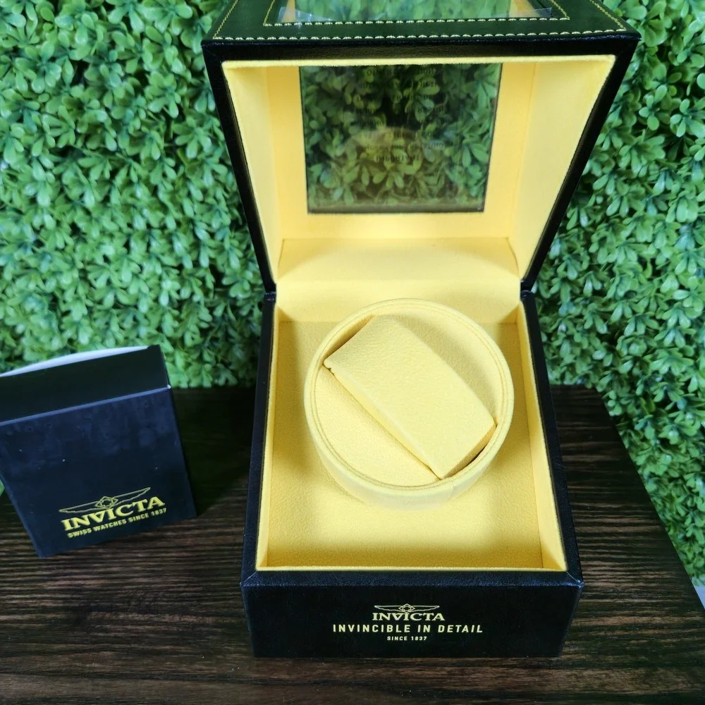 Invicta Single Automatic Watch Winder Black Yellow Faux Leather Display Box